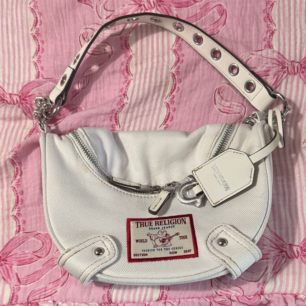 True Religion White Shoulder Bag with Silver Accents